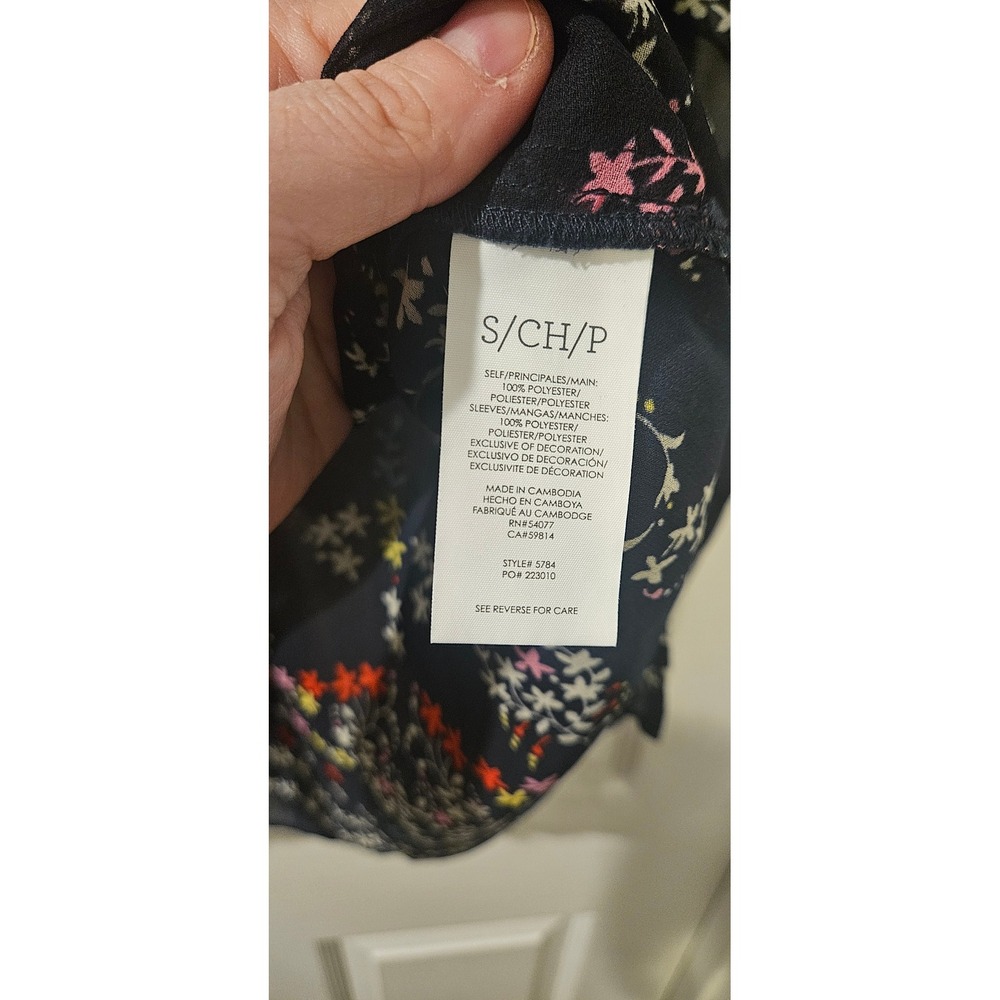 CAbi Sheer Embroidered Boho Blouse Small Navy Floral Tassel Tie Peasant Top - Picture 5 of 10